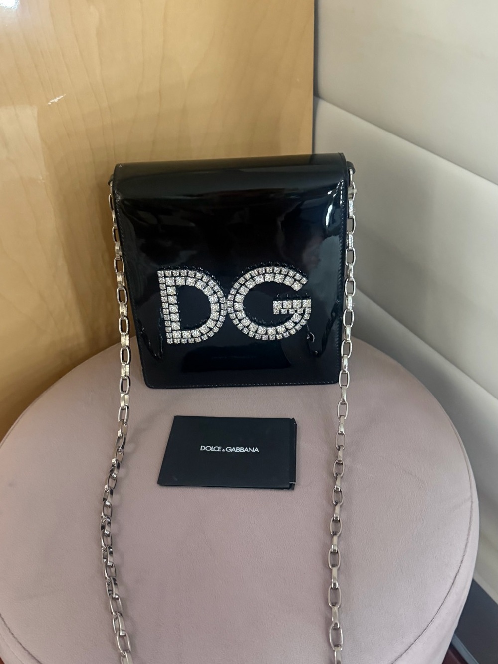 DOLCE & GABBANA BLACK PATENT LEATHER CRYSTAL DG FLAP BAG
